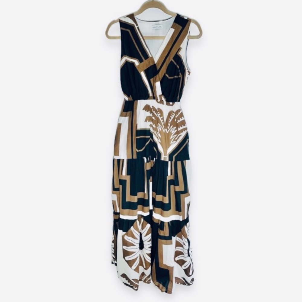 CIVICO 51 Tiered Maxi Dress Tropical Cotton Made in Italy Black Brown Cream
